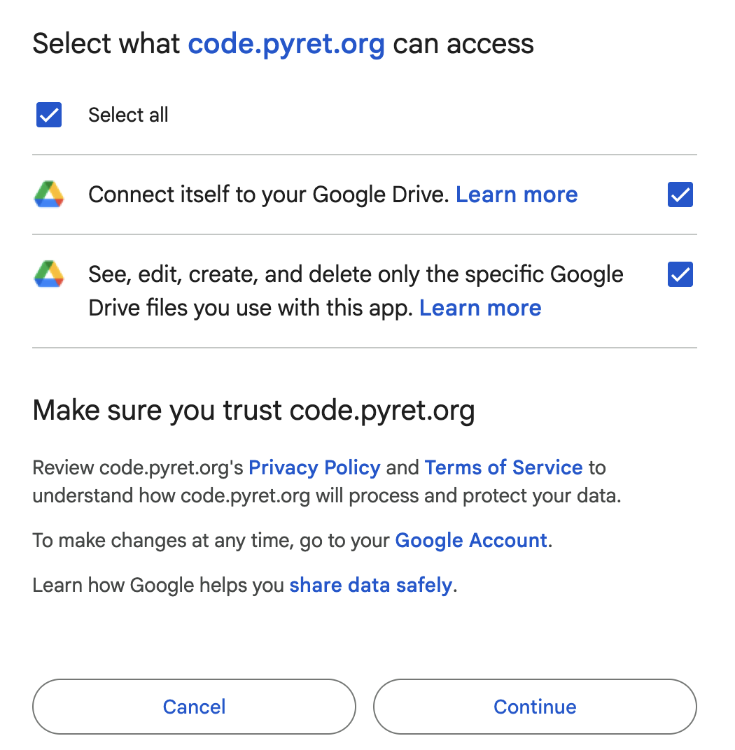 Google Drive asks for Pyret permissions to save files with "Select all" set to true