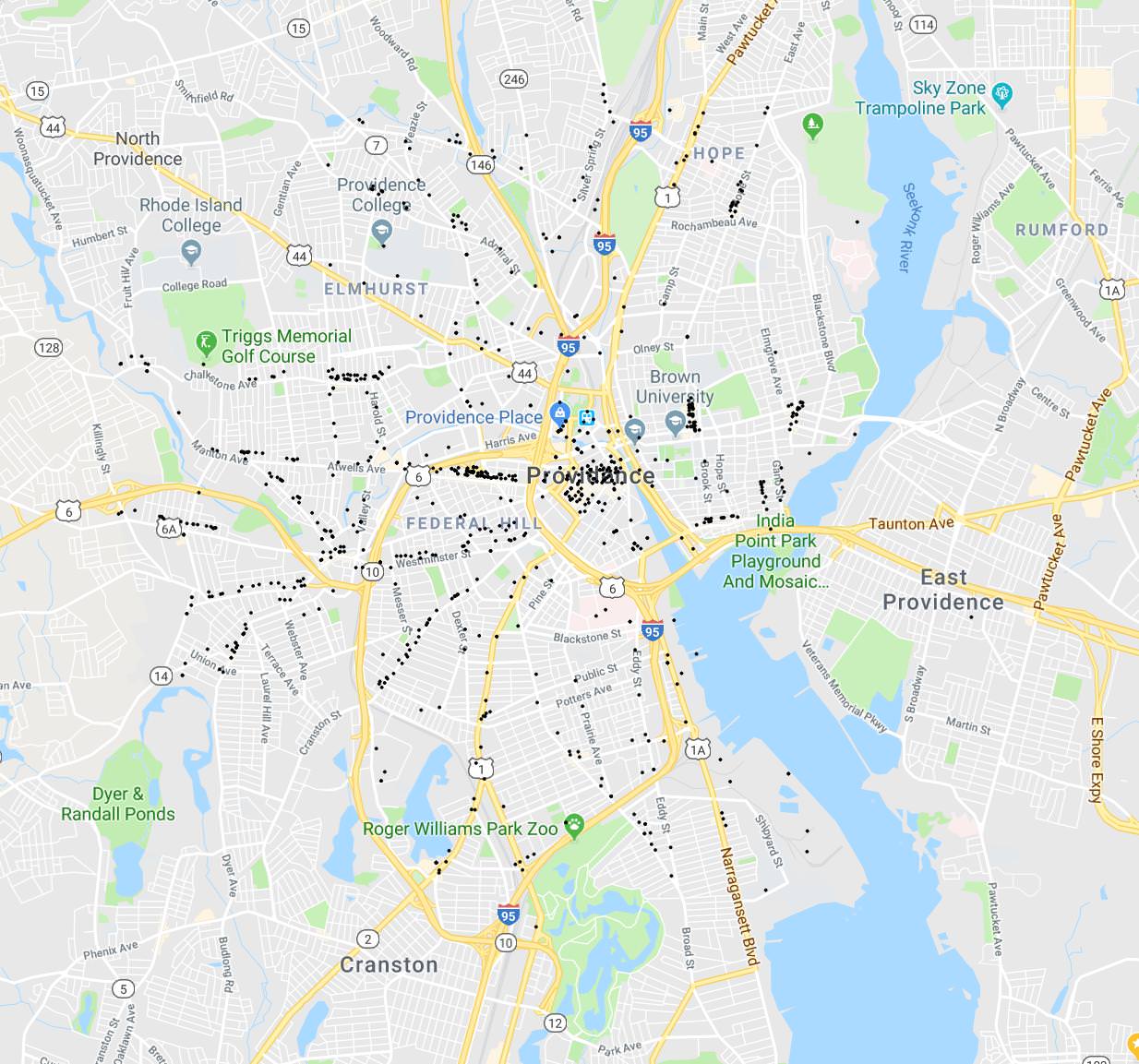 An output map of Providence that maps geographic coordinates as dots on the image